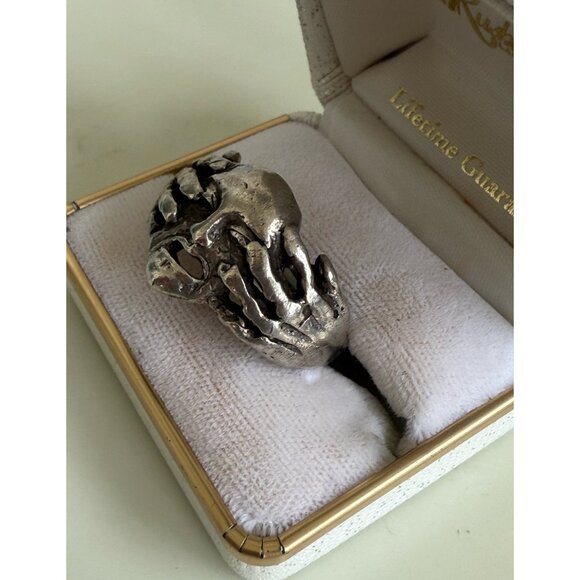Vintage 90's Mens Sterling Silver Biker Ring Skull with hands Over Eyes Size 13 - Picture 6 of 16